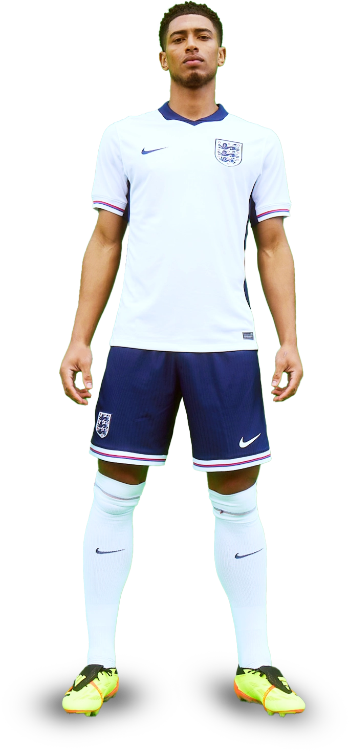 A male soccer player stands facing forward in an England national team uniform with white jersey, navy shorts, white socks, and yellow cleats.