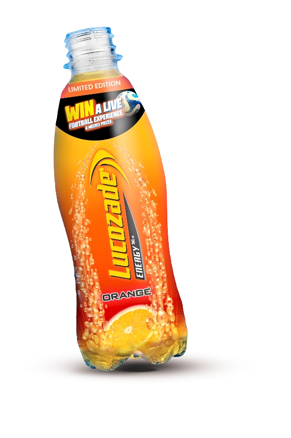A bottle of Lucozade Energy Orange with a "Limited Edition" label and a promotion to "Win a Live Football Experience" on the neck of the bottle.