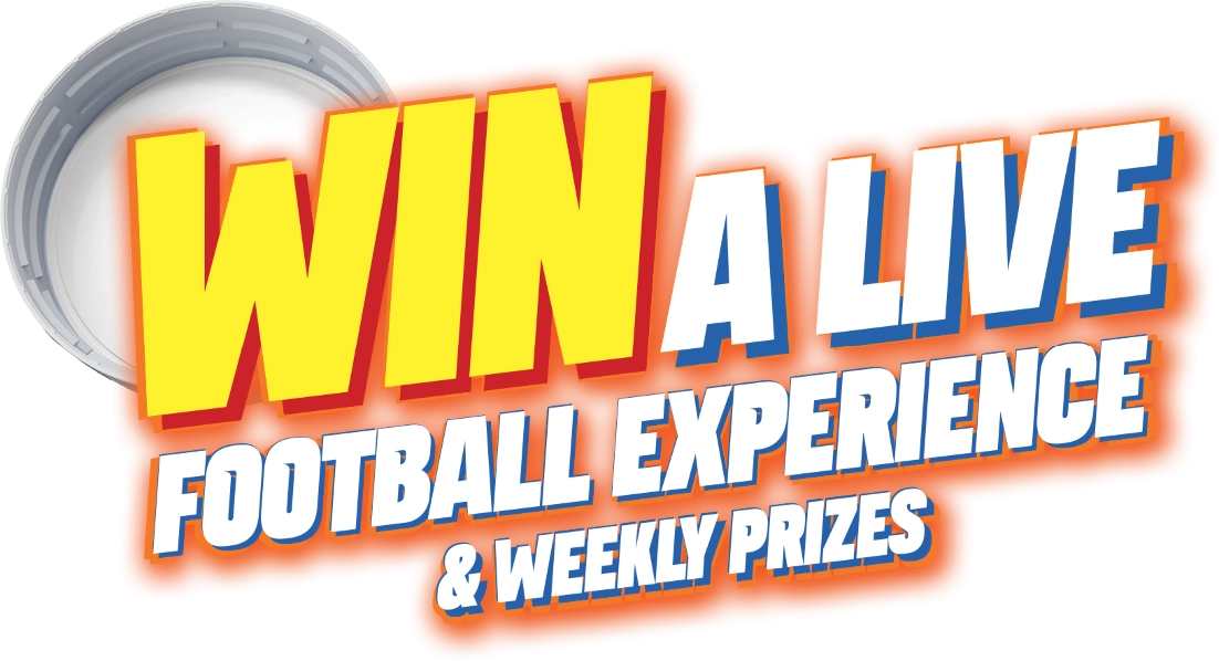 Bold text reads "WIN A LIVE FOOTBALL EXPERIENCE & WEEKLY PRIZES" with a white and gray circular object in the top left corner.